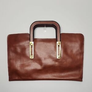 Letisse Large Brown Leather Clutch with Gold Hardware And Drop Down Handles